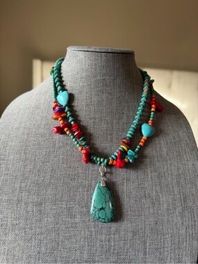Turquoise Multi-Strand Pendant Necklace with Coral & Red Accents